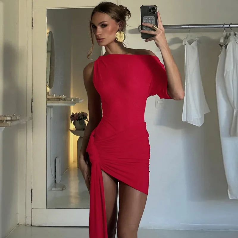 Aiertu  -  2025 Spring New Mini Dress Women's Sexy Slanted Collar Single Sleeve Tight Dress Irrgular Ribbon Party Ruched Dress Lady Aiertu