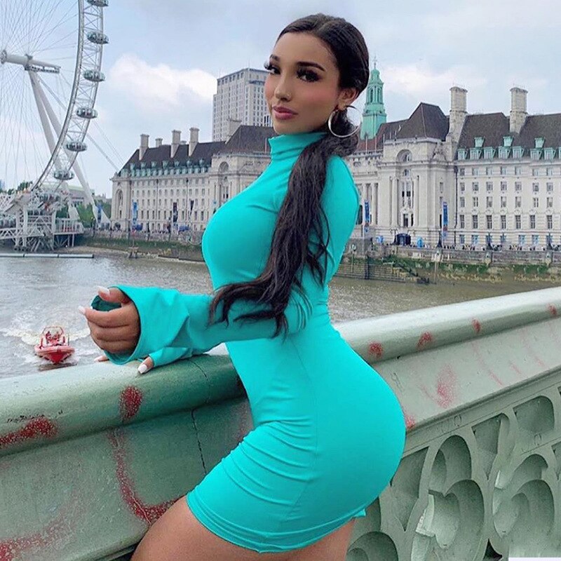 Aiertu Summer New Sexy Casual Commutes Women's High Collar Long Sleeved Horn Sleeve Elastic Tight Knit Mini Short Dress Aiertu