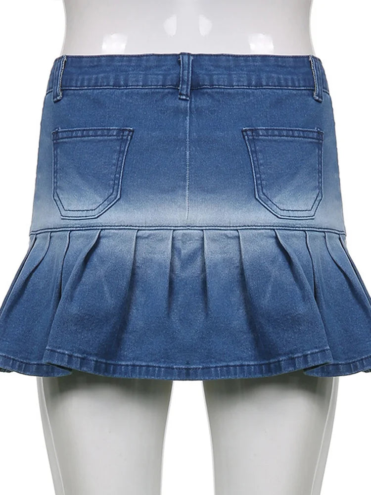 Aiertu  -  Fashion Denim Pleated Skirt Women High Waist Button Zipper Pocket Ruffle A-line Mini Skirts Female 2025 Spring Summer Lady Skirt Aiertu