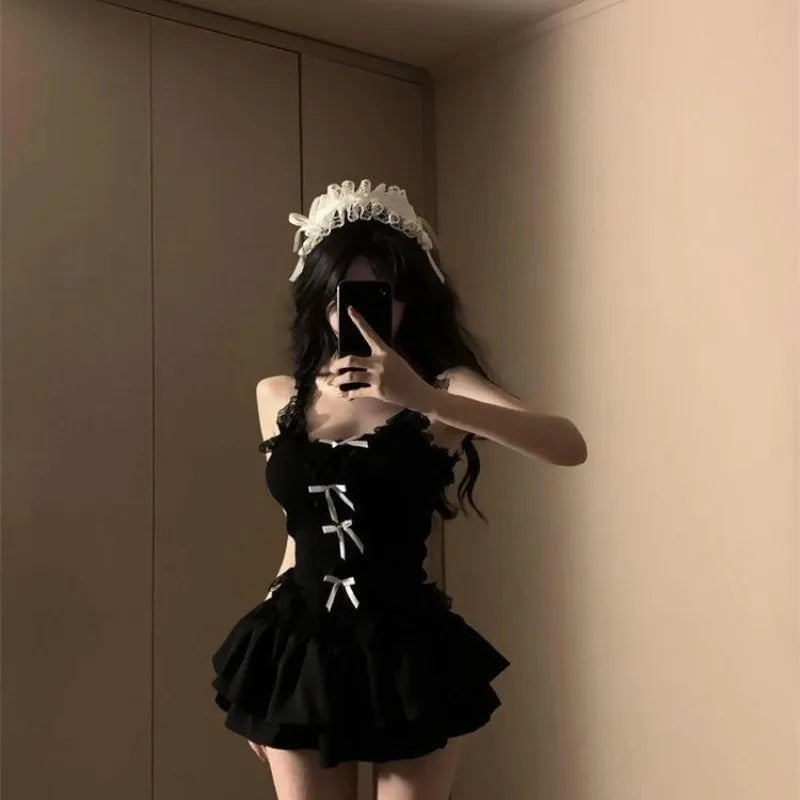 Aiertu  -  Sexy High Street Black Two Piece Sets Y2k Aesthetic Patchwork Lace Slim Bow Design Tank Top Punk A-line Tiered Girl Skirts Aiertu