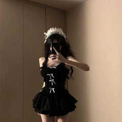 Aiertu  -  Sexy High Street Black Two Piece Sets Y2k Aesthetic Patchwork Lace Slim Bow Design Tank Top Punk A-line Tiered Girl Skirts Aiertu