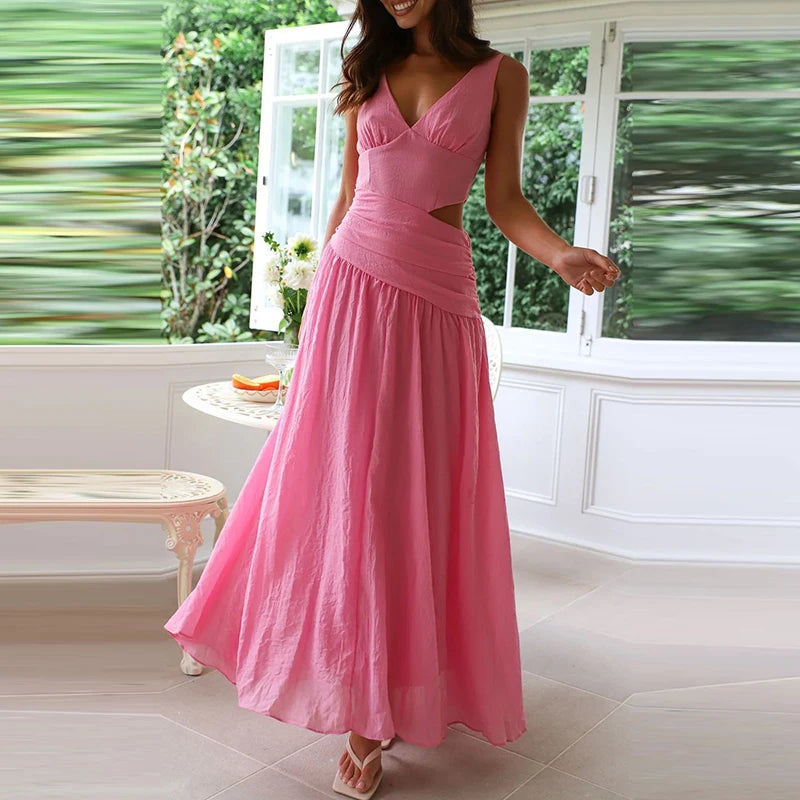 Aiertu  -  Simple Solid Color Hollow Backless Women's Dress New Summer Casual Sleeveless Pleated Long Dress Fashion Lady V-neck Robe Dress Aiertu