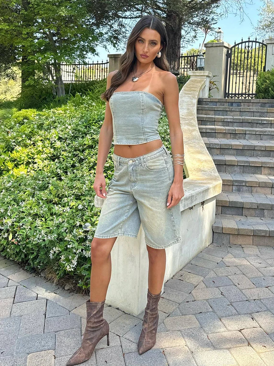 Aiertu  -  Women Plain Wide Leg Jeans Jorts Vintage Wash Straight High Waist Distressed Denim Bermuda Pants Y2k Summer Clothes Aiertu