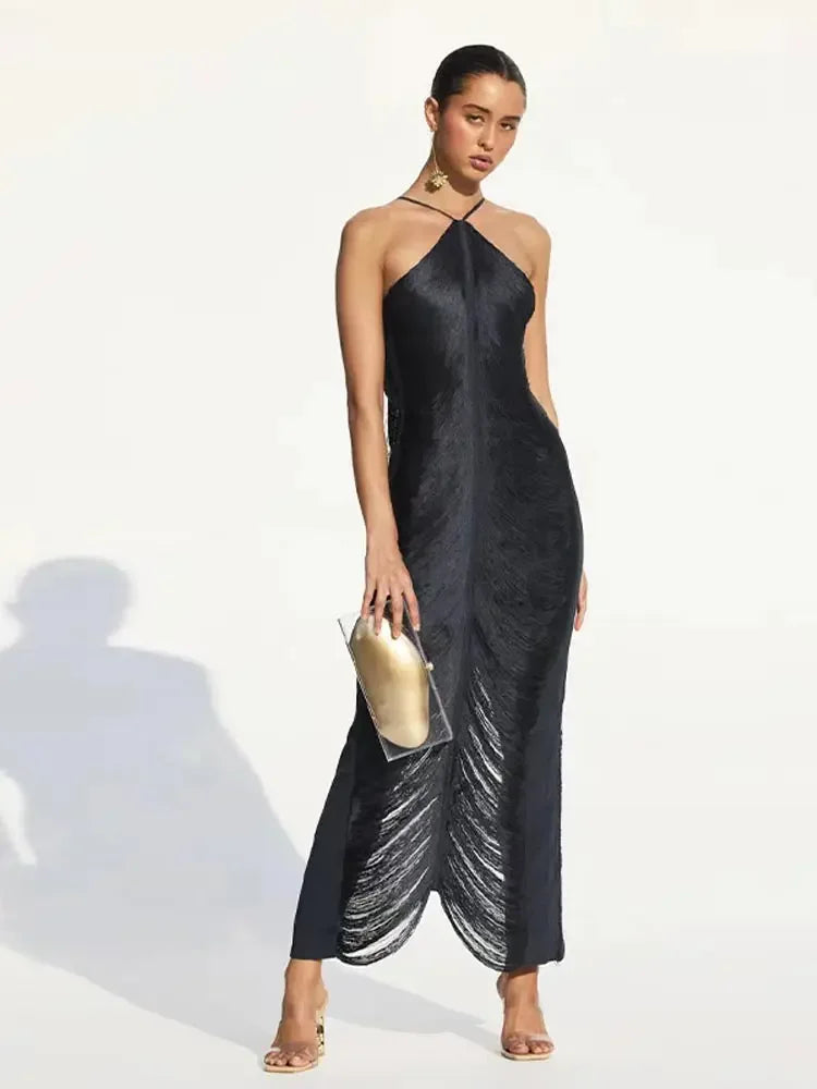 Aiertu  -  Sexy Tassel Back Slit Halter Evening Dress Women Solid Off Shoulder Sleeveless Long Dress Female Chic Evening Party Vestidos Aiertu