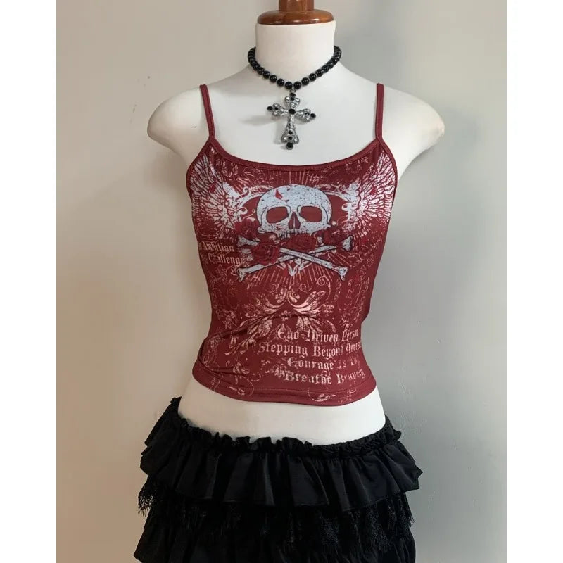 Aiertu  -  American sexy cotton skull Gothic printed suspender T-shirt for women 2025 summer new aesthetic niche simple hip-hop vintage top Aiertu