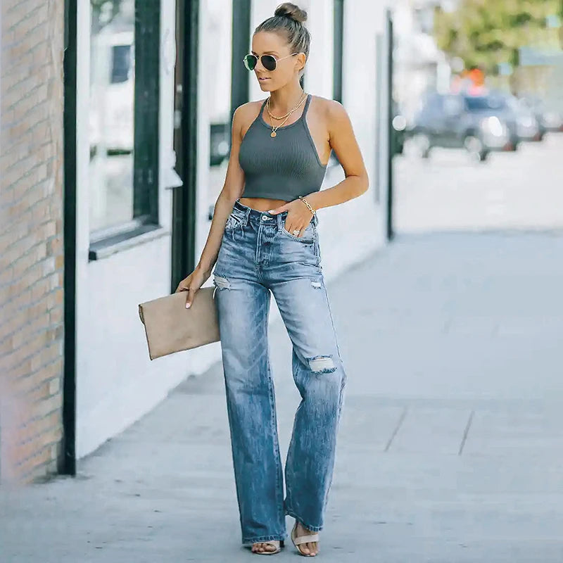 Aiertu  -  Women's Flared Jeans Stretch High Waist Fashion Vintage Casual Streetwear Wide Leg Baggy Flare Pants Aiertu