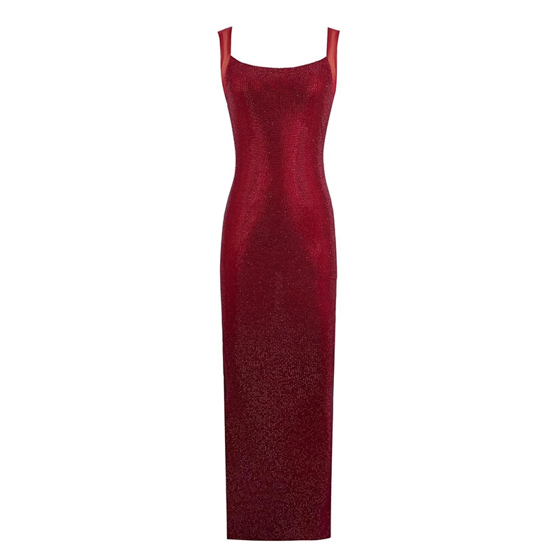 Aiertu  -  Glitter Crystal-embellished Evening Dress Women Maxi Long Open Back Sleeveless Stretchy Bodycon Dress Prom Party Gown Aiertu