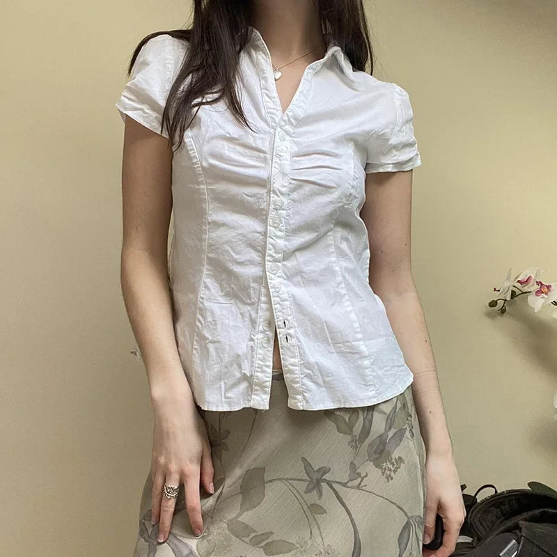 Aiertu  -  Y2k Aesthetic Pleated Puff Sleeve Women Blouse Sexy Single Breasted Slim Grunge Solid Shirt Harajuku Crop Streetwear Blusas Aiertu