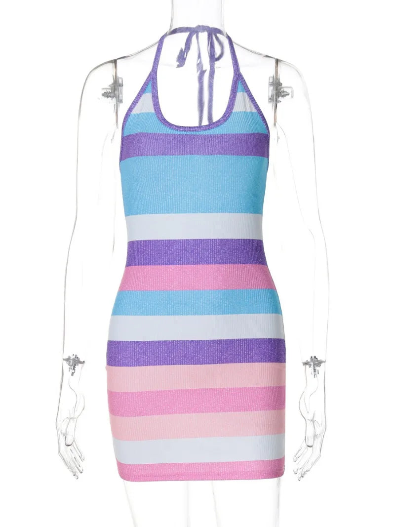 Aiertu  -  Fashion Sexy Halter Neck Lace-up Striped Beach Dress 2026 Woman Clothes Off Shoulder Backless Bodycon Mini Party Club Dresses Aiertu