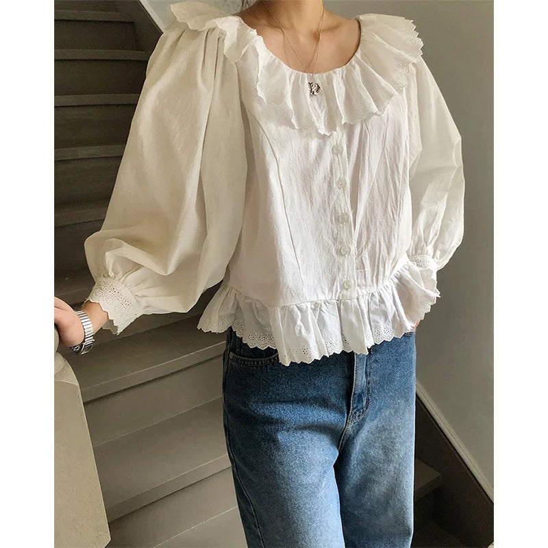 Aiertu Pure Cotton White Shirts Women Vintage Lace Patchwork Blouses Korean Elegant Ruffles Lantern Long Sleeve Casual Tops New Aiertu