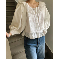 Aiertu Pure Cotton White Shirts Women Vintage Lace Patchwork Blouses Korean Elegant Ruffles Lantern Long Sleeve Casual Tops New Aiertu