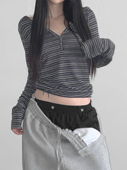 Aiertu - summer inspo Casual Striped Breasted Long Sleeve Hooded T-Shirts Women Design Slim Fit Simple Fashion Blouses Aiertu