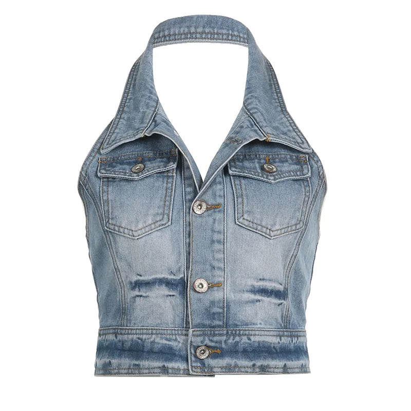 Aiertu  -  Backless Retro Pocket Crop Top Women Polo Neck Sleeveless Tank Tops Hot Girl Sexy Navel Streetwear Casual Denim Clothing Aiertu