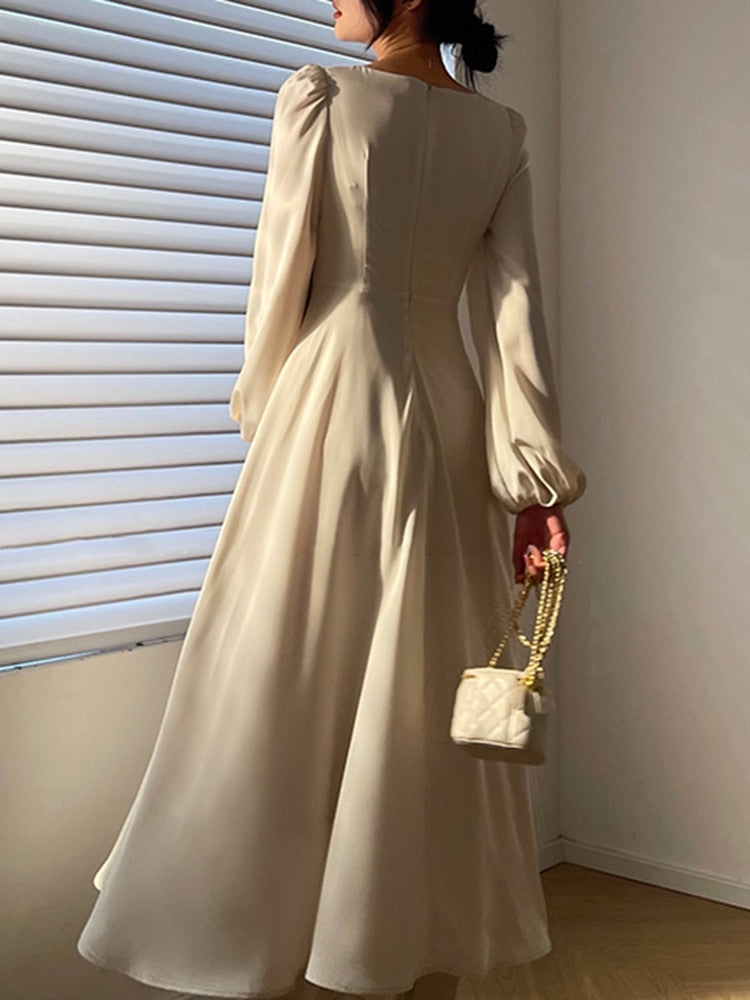 Aiertu  Elegant Dress For Women V Neck Lantern Sleeve High Waist Solid Ruched Minimalist Midi Dresses Female Clothing Style Aiertu