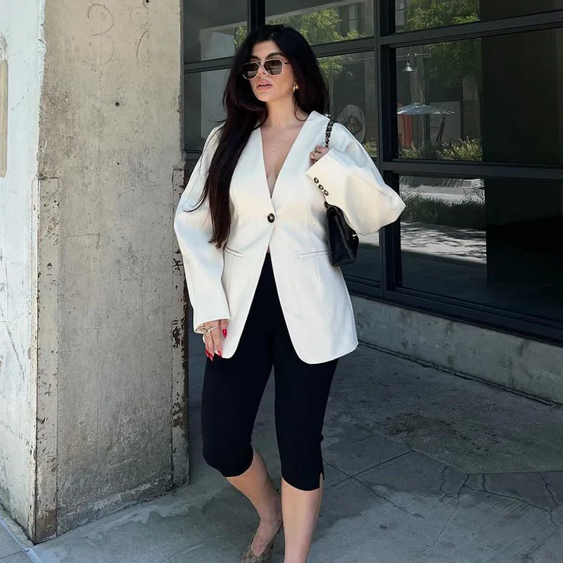 Aiertu  Elegant Slim Blazer Suit Women V Neck Metal One Button Long Sleeve Shoulder Pads Jacket 2025 Spring New Office Lady Outerwears Aiertu