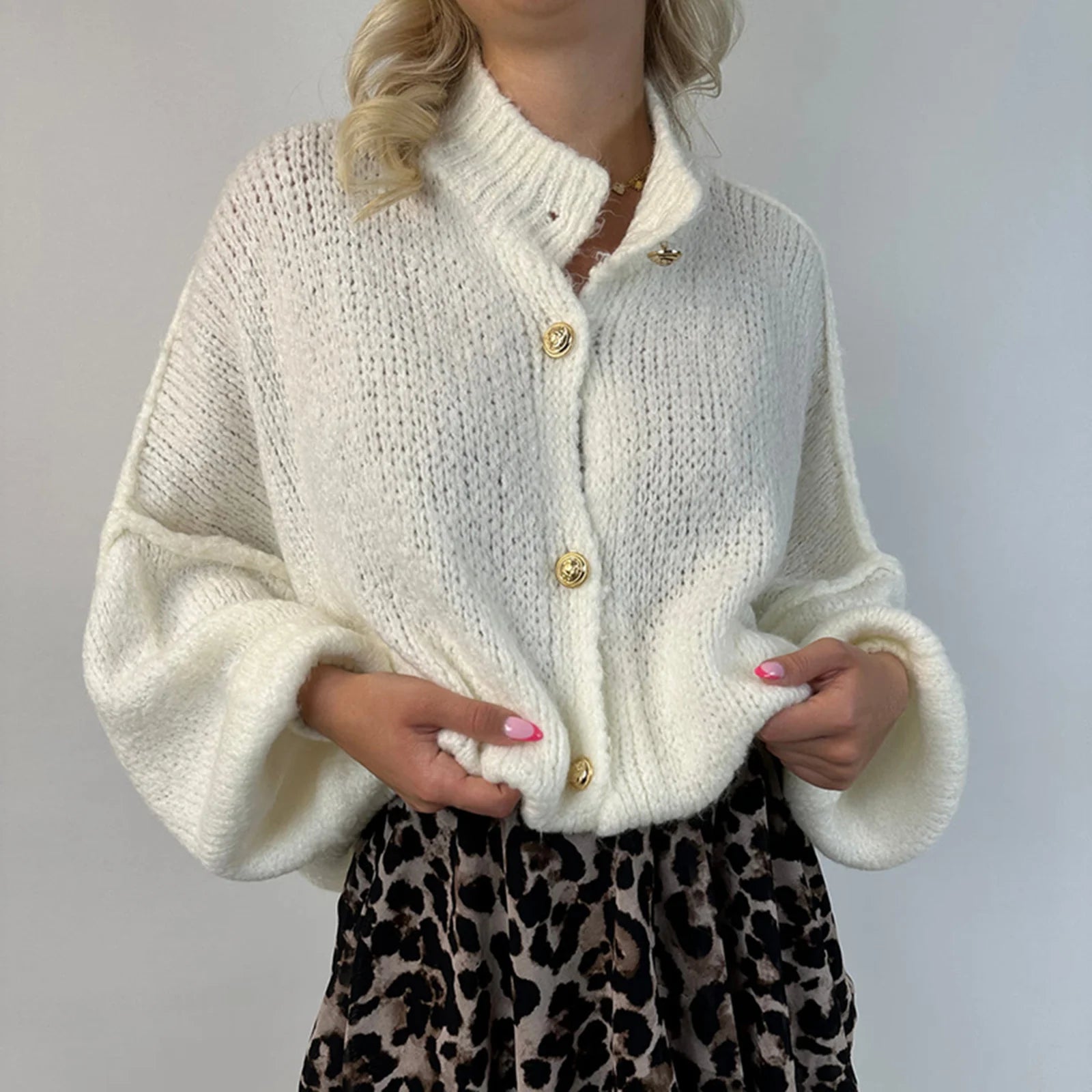Aiertu  -  Womens Y2k Oversized Cardigan Sweaters Long Lantern Sleeve Knit Open Front Button Down Chunky Knitwear Fall Winter Aiertu