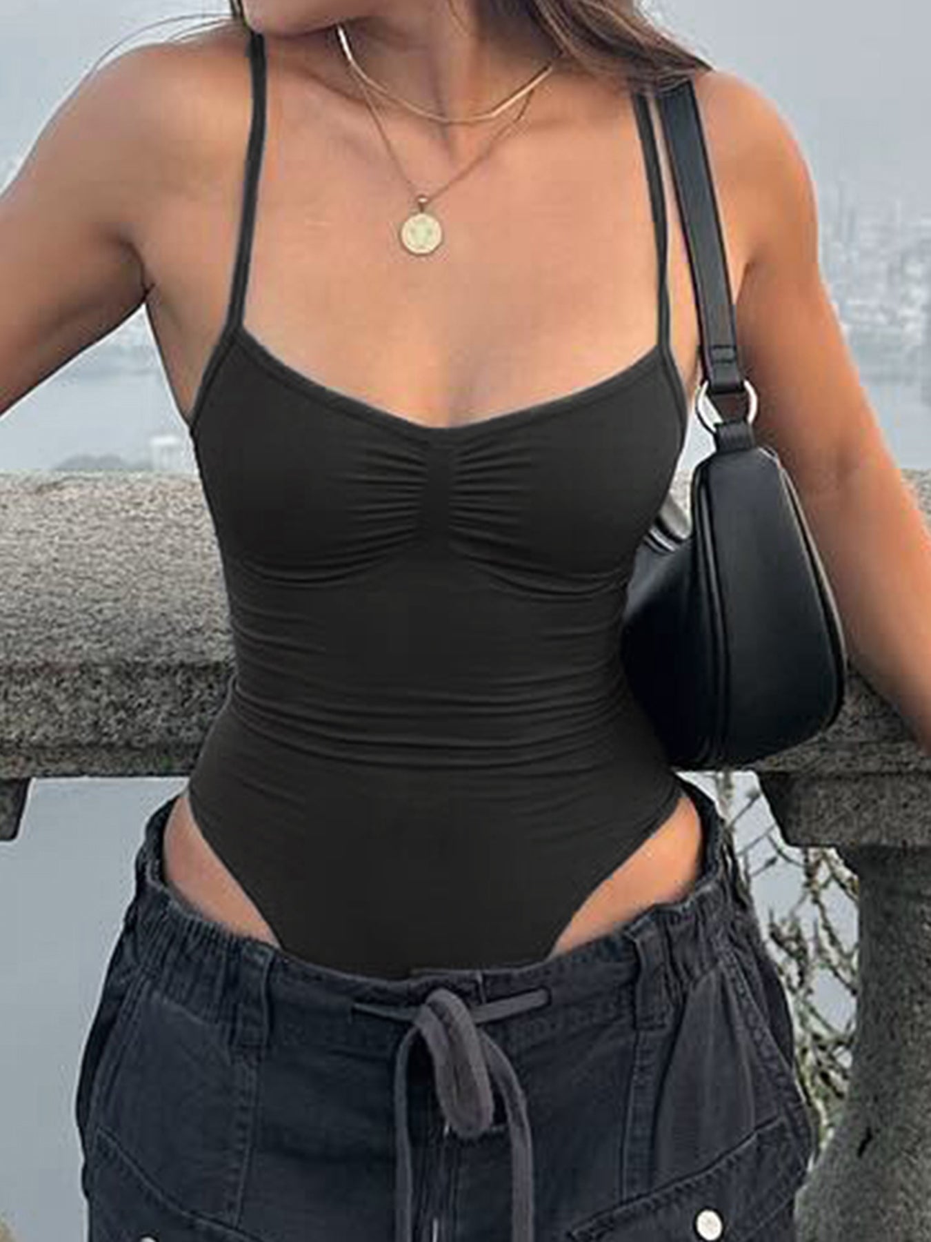 Aiertu - summer inspo Hot Sleeveless Skinny Shirring Skinny Sexy Spaghetti Strap Bodysuit For Women Black Solid Simple Basic Vacation Camisole Aiertu