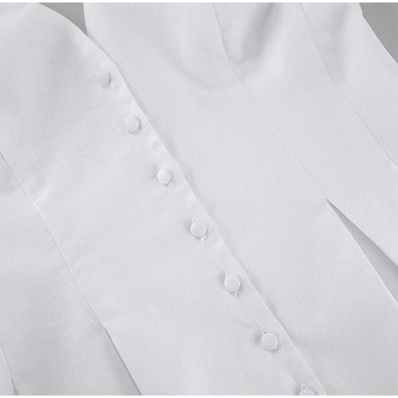 Aiertu  -  Cotton Linen Tank Top Shorts Sets Women's White Single Breasted Halter Ruffles Vest Wide Leg Shorts Suits Summer Commute Chic Aiertu