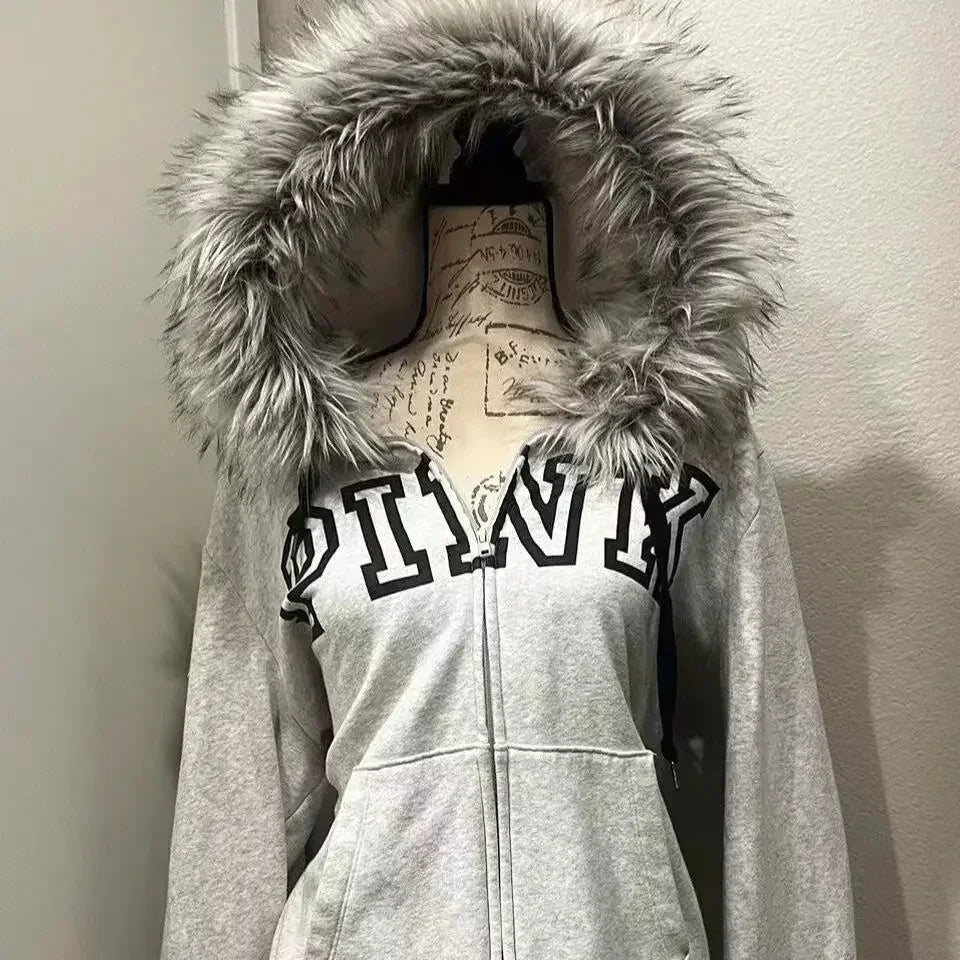 Aiertu  -  American Style Oversized Letters Plush Zipper Gray Hoodie Women's Autumn Winter Hot Style College Style Casual Top for Women Aiertu