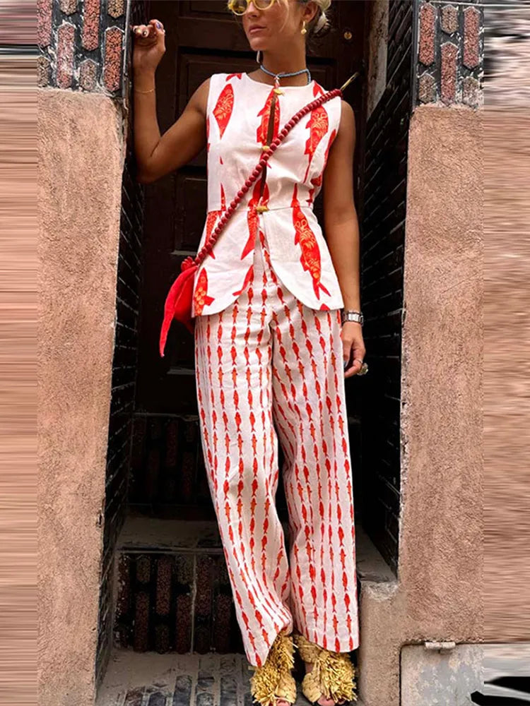 Aiertu    -  Fashion Women's Printed Vest Trouser Suits Sleeveless O-Neck Button Straight Pants Lady Sets 2025 Summer 2 Pieces Set Women Aiertu