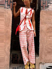 Aiertu    -  Fashion Women's Printed Vest Trouser Suits Sleeveless O-Neck Button Straight Pants Lady Sets 2025 Summer 2 Pieces Set Women Aiertu