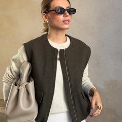Aiertu  -  Winter New Vintage Solid Vest Jacket Women Round Neck Zipper Cardigan Waistcoat Streetwear Fashion Sleeveless Outerwear Aiertu