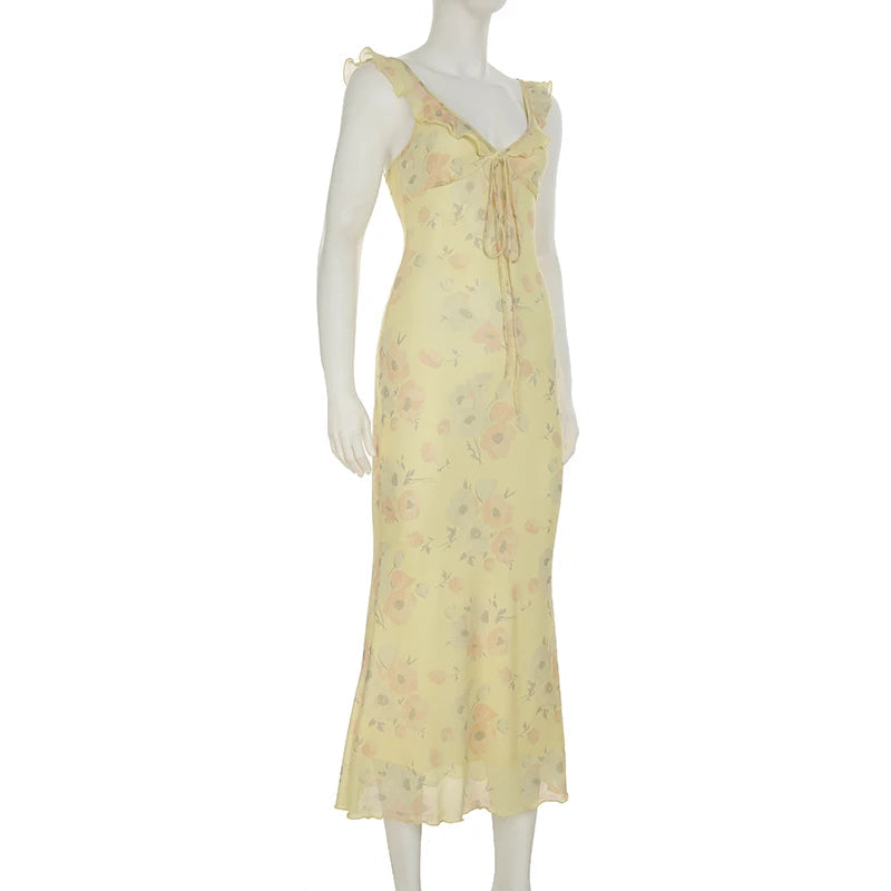 Aiertu  Holiday Ruffles Floral Trumpet Dress Slim Deep V-Neck Sleeveless Maxi Dresses For Women 2025 Summer Fashion Streetwear Aiertu