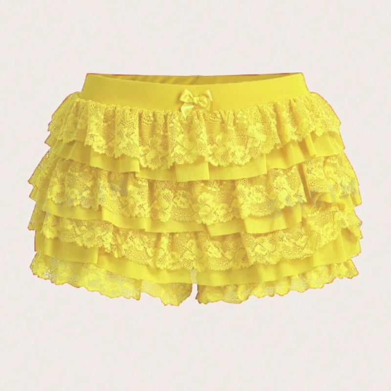 Aiertu  -  Women Lace Trim Layered Ruffle Mini Skirts Cute Bow Mesh Tutu Lolita Ruffled Tiered Micro Skirts Bloomer Pettipants Bottoms Aiertu