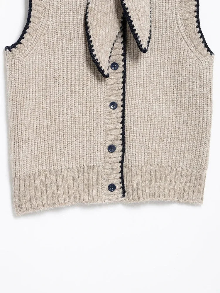 Aiertu  Women Fashion Khaki Single Breasted Knitted Vest Tank Tops Vintage Bowed Neck Sleeveless Female Chic Lady Top Aiertu