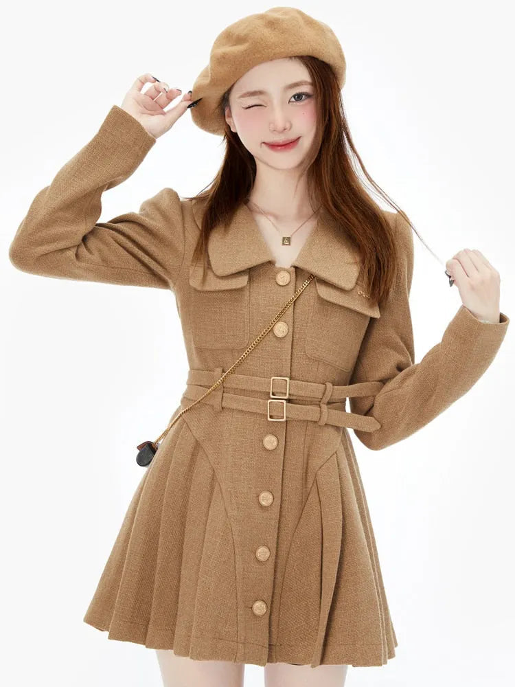 Aiertu  France Vintage Party Mini Dresses Women Korean Style Elegant Pleated Dress Female Warm Sweet Retro Dress Coat Autumn Winter Aiertu