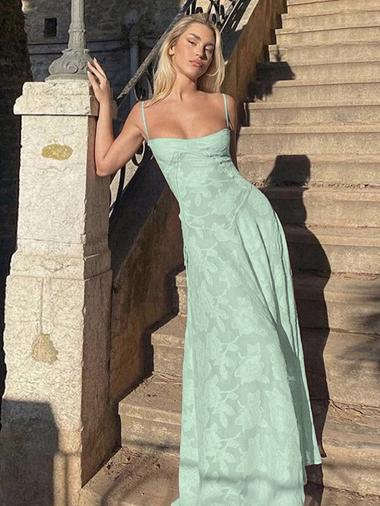 Aiertu  -  Elegant Print Floral Sling Maxi Dresses Women's Backless Square Neck Gown 2025 Summer Beach Vacation Sleeveless High Waist Dress Aiertu