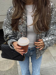 Aiertu  -  Spring Silver Sequins Shiny Bomber Jackets Women Sparkling Sequin Long Sleeve O Neck Coats 2025 New Female Streetwear Outwear Aiertu