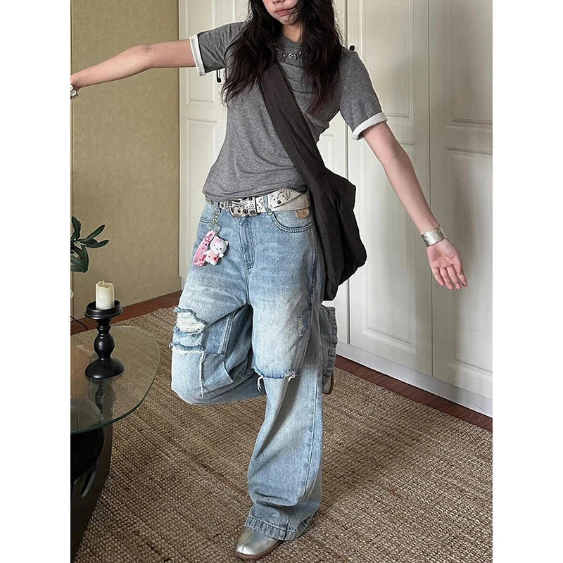 Aiertu  Women Vintage High Waist Light Blue Jeans High Street Style Baggy Ripped Pants Korean Fashion Wide Leg Y2K Female Denim Trouser Aiertu