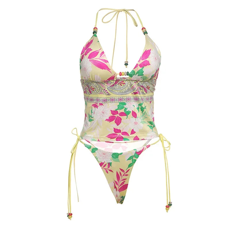 Aiertu  -  Print Beads Lace Up Holiday Beach 2 Piece Set 2026 Summer Women Sexy V-neck Halter Backless Camis Crop Top + Briefs Bathing Suit Aiertu