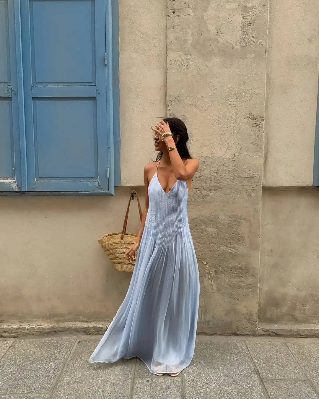 Aiertu  -  Women Feminine Blue Sling Dress Floor-length Loose Backless Deep V Spaghetti Strap Halter Robe Chic Vacation Leisure Street Gown Aiertu