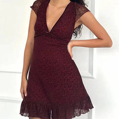 Aiertu  -  Summer Women Short Sleeve Bow V Neck A-line Mini Dress Lady High Waist Hem Ruffle Floral Wine Red Dresses Vintage Robe Aiertu