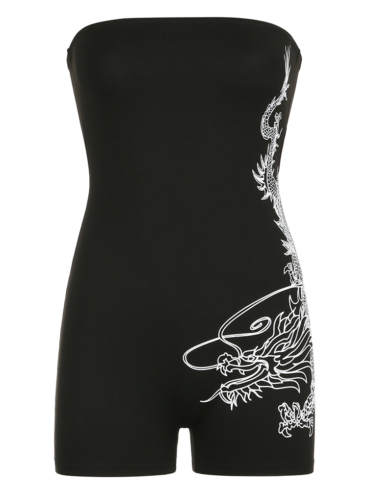 Aiertu - summer inspo Hot Dragon Print Sleeveless Strapless Skinny Sexy Rompers Womens Black Chinese Style Playsuit Summer Baddie Short Overalls Aiertu