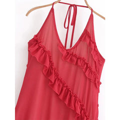 Aiertu  -  High Street Women Sexy Backless Red Halter Ruffle Dress Summer Elegant Party Long Dresses A-line Maxi Vestidos Aiertu