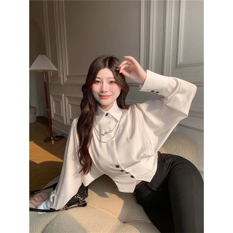 Aiertu Elegant Cropped White Shirts Women Korean Fashion Black Batwing Long Sleeve Blouses Office Ladies Basic Chic Tunic Tops Aiertu