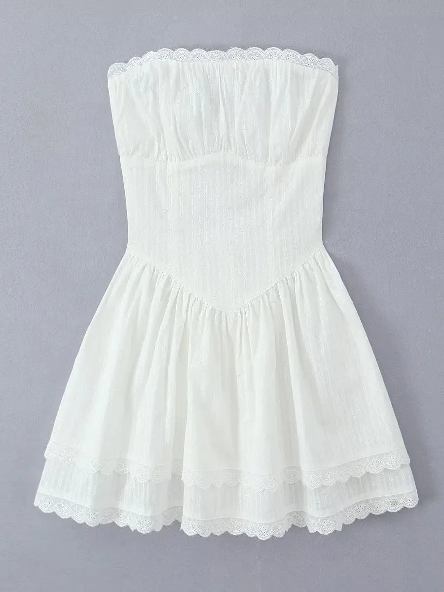 Aiertu  -  Lace Trim Patchwork White Dresses For Women New Strapless Sleeveless Tiered Mini Dress Summer Sweet Fashion Sexy A-line Vestidos Aiertu