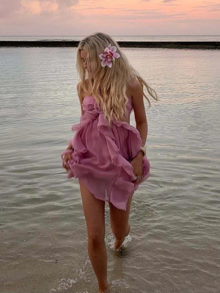 Aiertu  -  Pink 3D Floral Bandage Sleeveless Summer Dress Women Sexy Strapless Backless Mini Dress Beach Ladies Holiday Sundresses 2025 New Aiertu