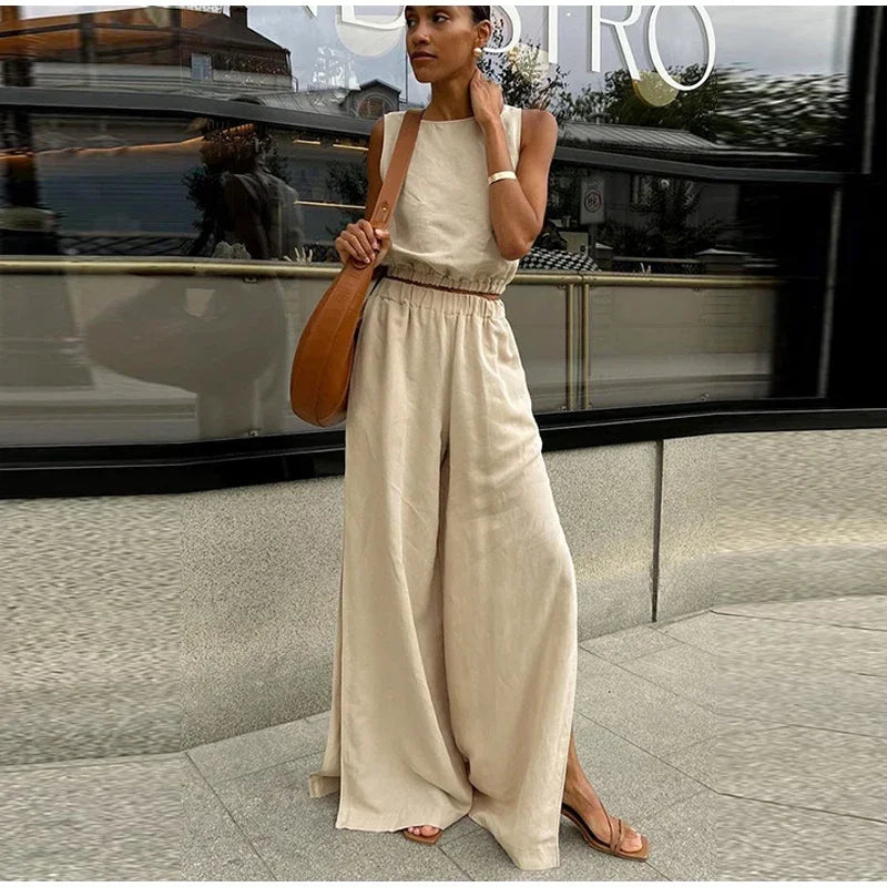 Aiertu  -  Elegant Solid Vest Pants Set Women O-neck Sleeveless Tops High Waist Side Split Trousers 2026 Summer Fashion Lady Office Outfit Aiertu