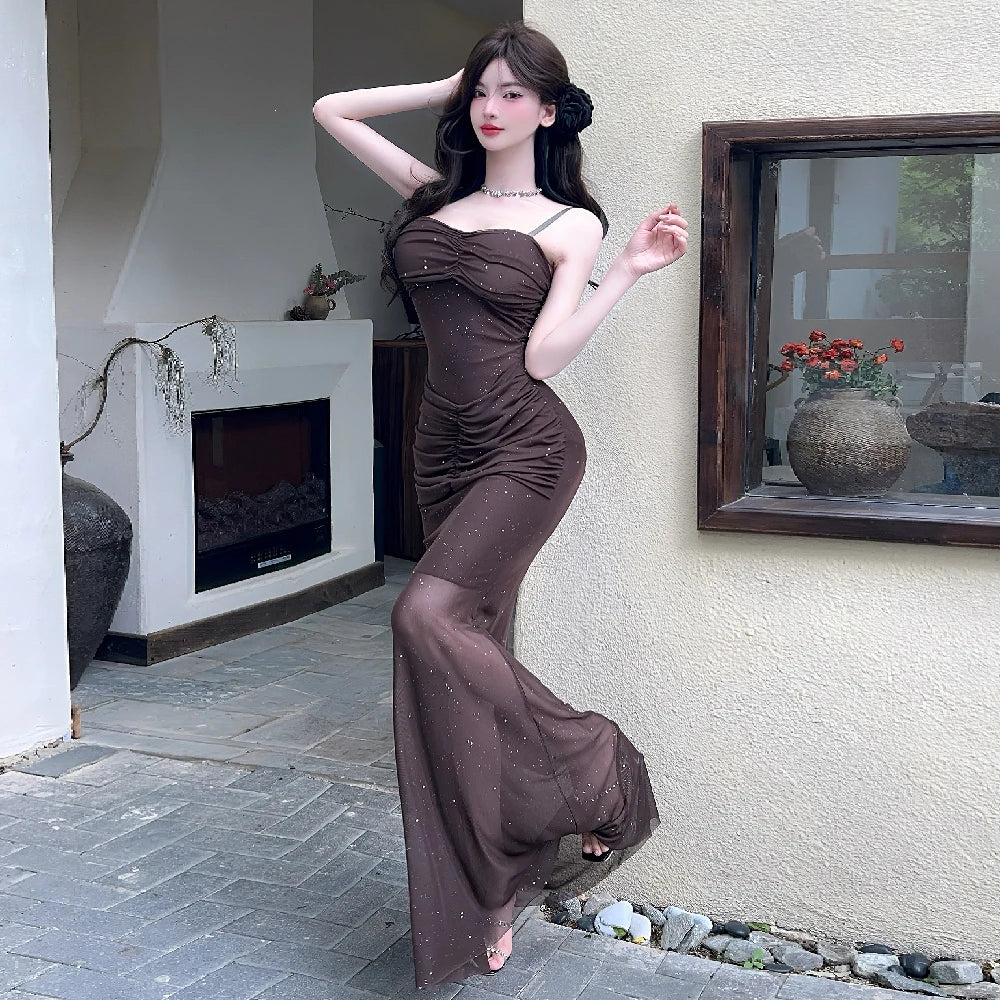 Aiertu  -   Sexy Shiny Mesh Suspender Evening Dresses Women 2025 Summer Temperament Slim Fit Waist Fishtail Party Long Dress Robe Aiertu