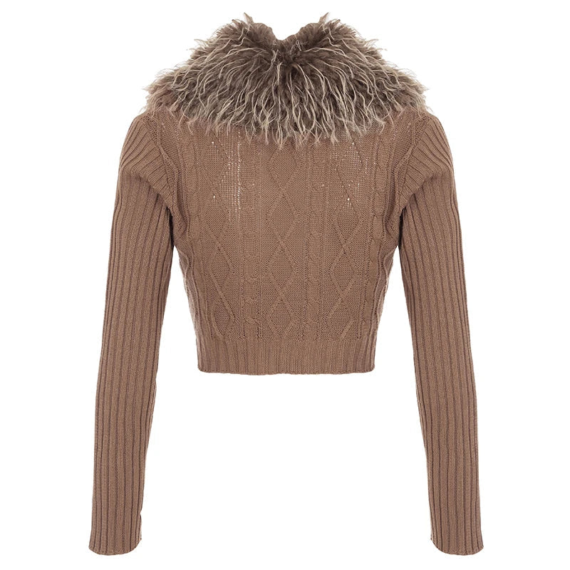 Aiertu  -  Y2K Brown Buttons Crop Sweater with Detachable Fur Collar Autumn Vintage 2000s Knitted Cardigan Slim Winter Outfits Aiertu