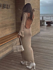 Aiertu  -  Women's Backless Knitted Maxi Dress Elegant Long Sleeve Slim Mermaid Dress Solid Bodycon Lady High Streetwear Party Female Robes Aiertu
