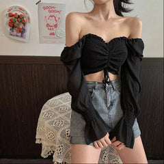 Aiertu Sexy Slash Neck Shirts Women Korean Black Cropped Pleated Puff Long Sleeve Blouses Summer White Off Shoulder Crop Tops New Aiertu