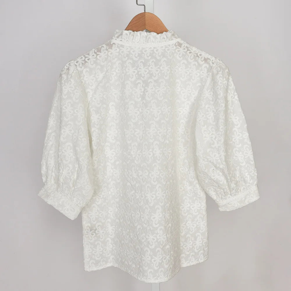 Aiertu  -   Bow Embroidery White Blouse Women Spring New Ruffle V Neck Puff Sleeve Shirts Tops Female French Elegant Casual Fashion Blouses Aiertu
