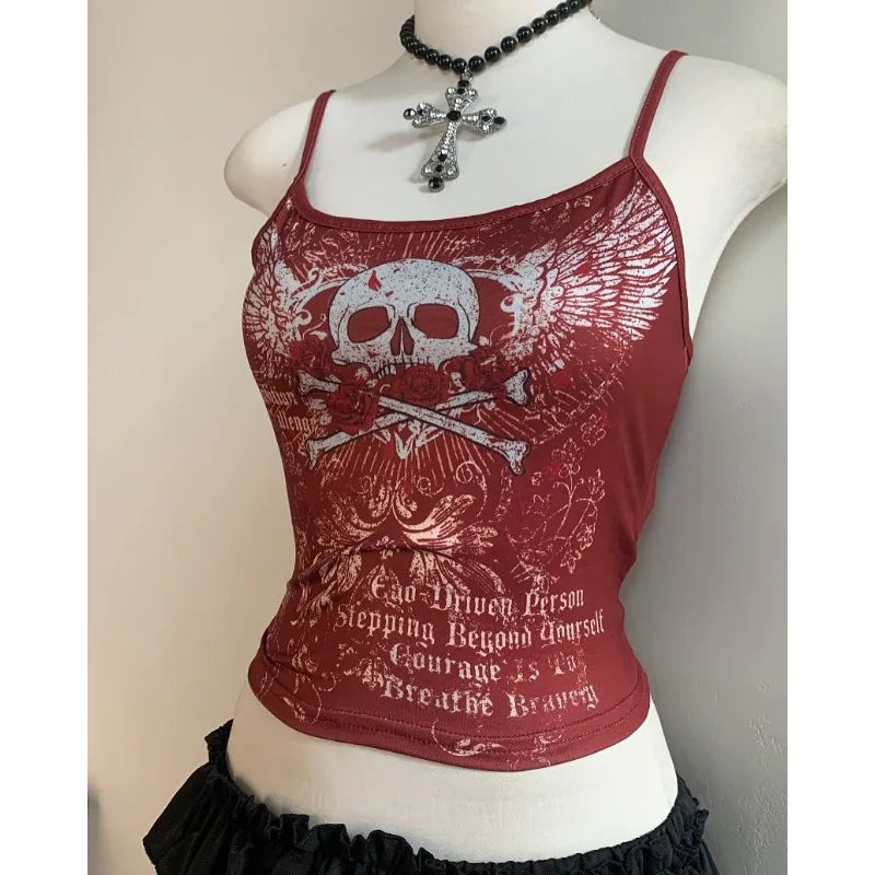 Aiertu  -  American sexy cotton skull Gothic printed suspender T-shirt for women 2025 summer new aesthetic niche simple hip-hop vintage top Aiertu