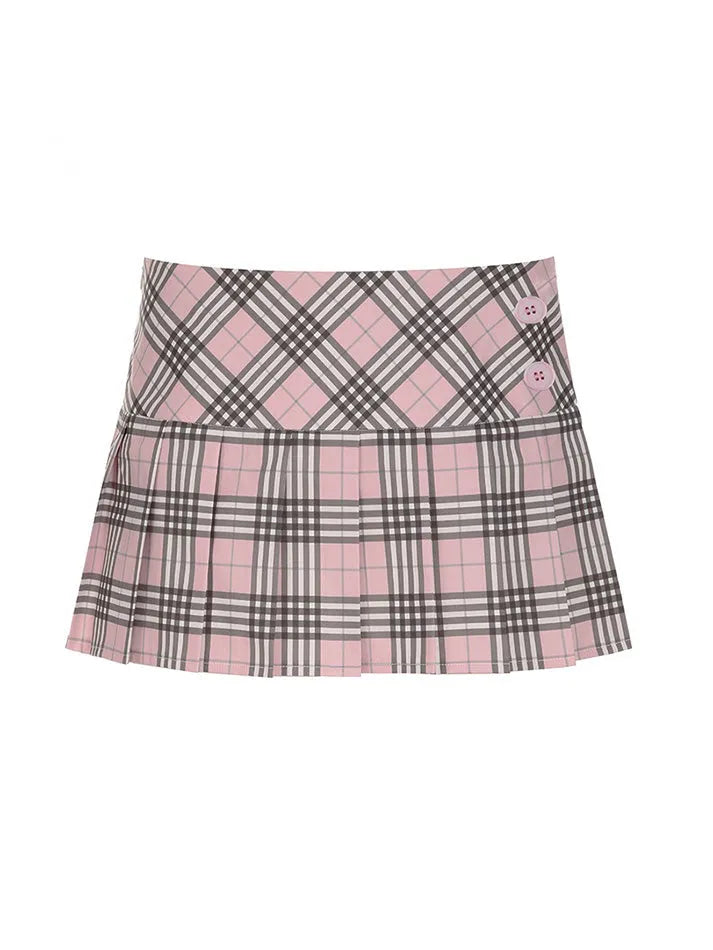 Aiertu  -Pink Plaid Contrast Low-Waist Pleated Skirt aiertu