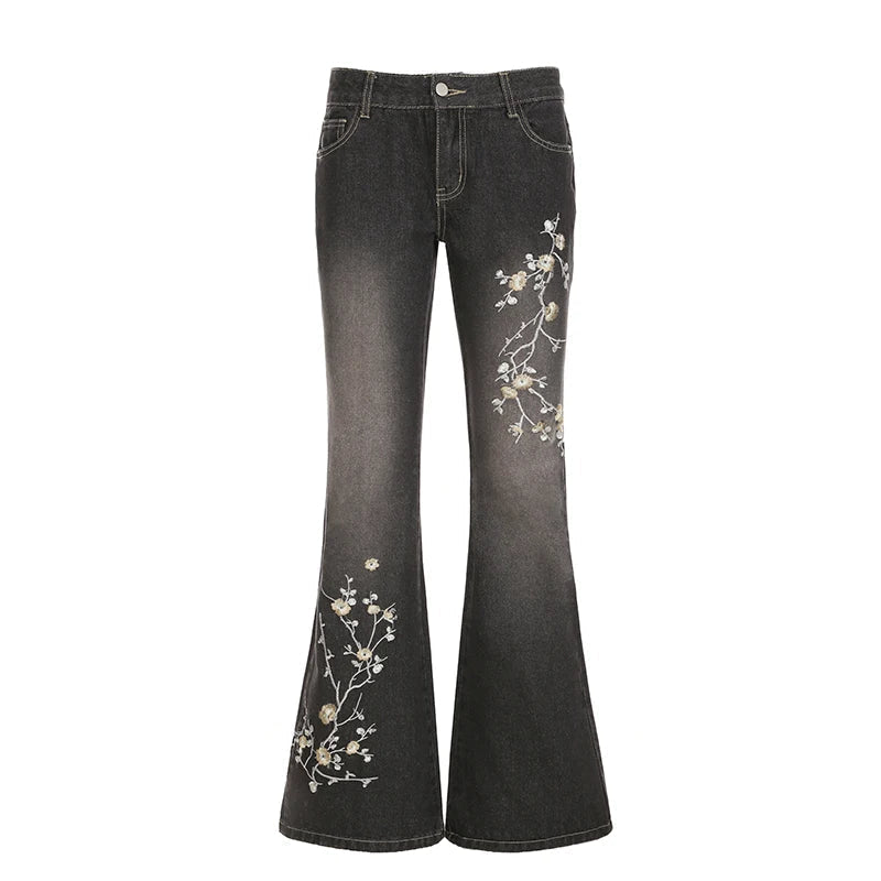 Aiertu  -  Plant Printed Embroidery Y2K Flare Jeans Women Vintage Skinny Boot Cut Trousers Fashion Street 2000s Denim Pants Fall Aiertu
